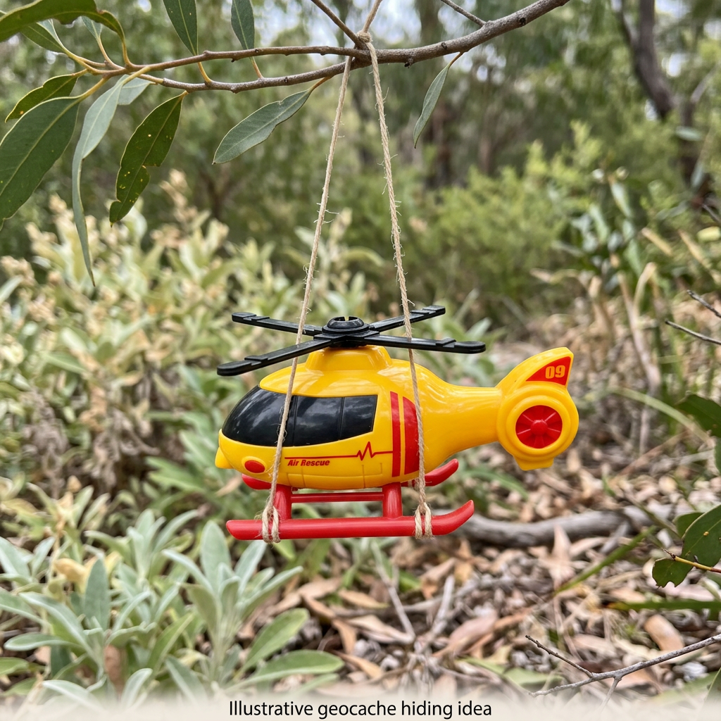 Helicopter suspended from a tree branch by string as an illustrative geocache hiding idea