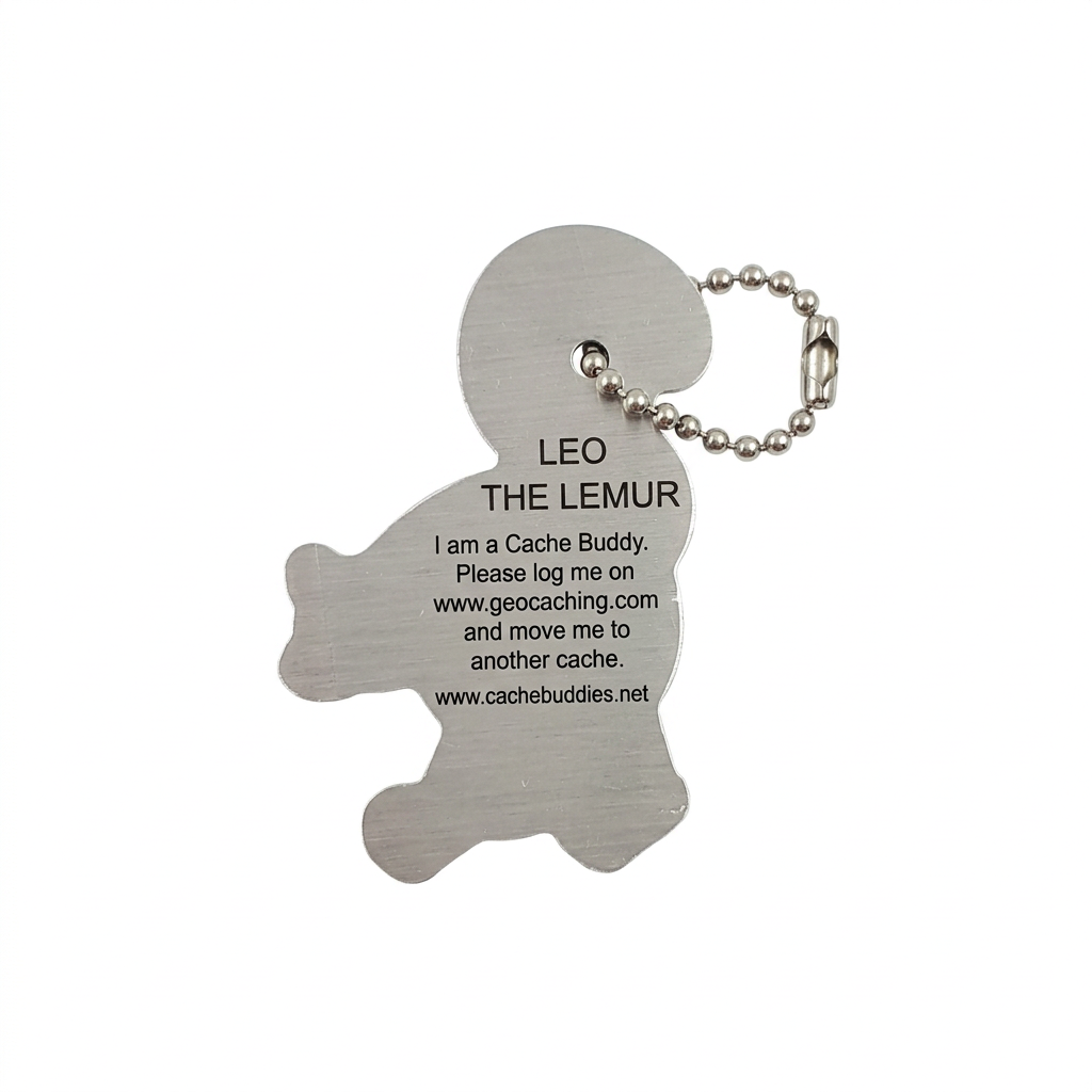 Leo the Lemur aluminium travel tag reverse with logging instructions and unique tracking code removed