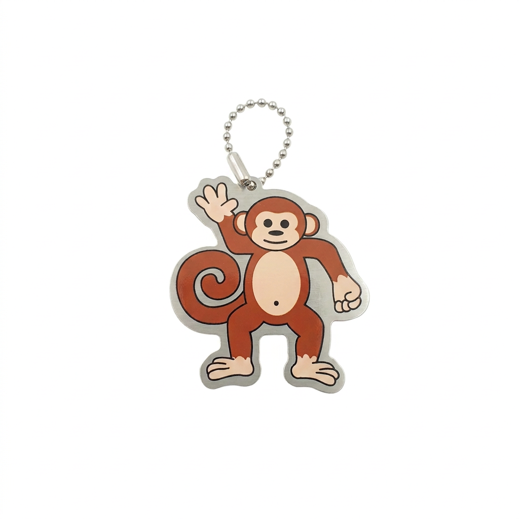 Bonobo the Monkey brown-and-cream travel tag waving, with compact silver chain on white