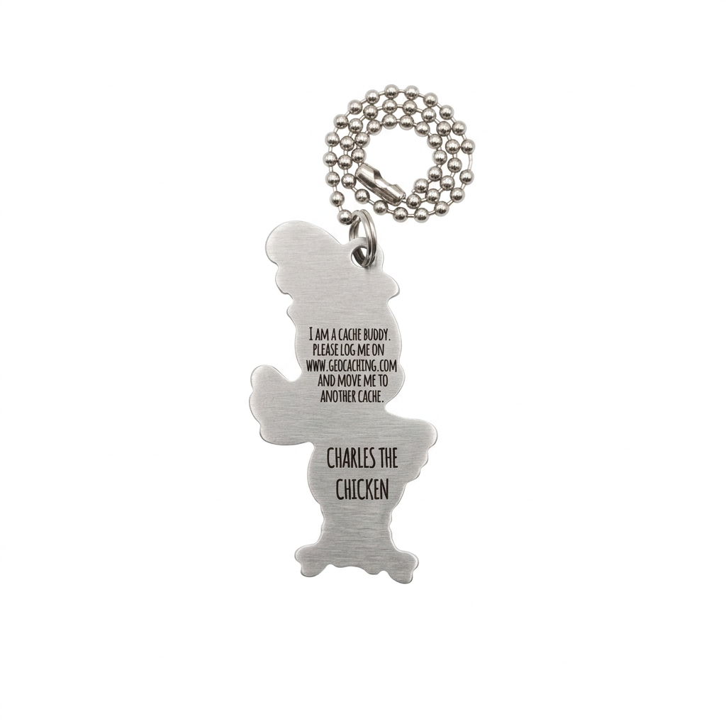 Charles the Chicken metal travel tag reverse with logging instructions, compact chain and unique tracking code removed