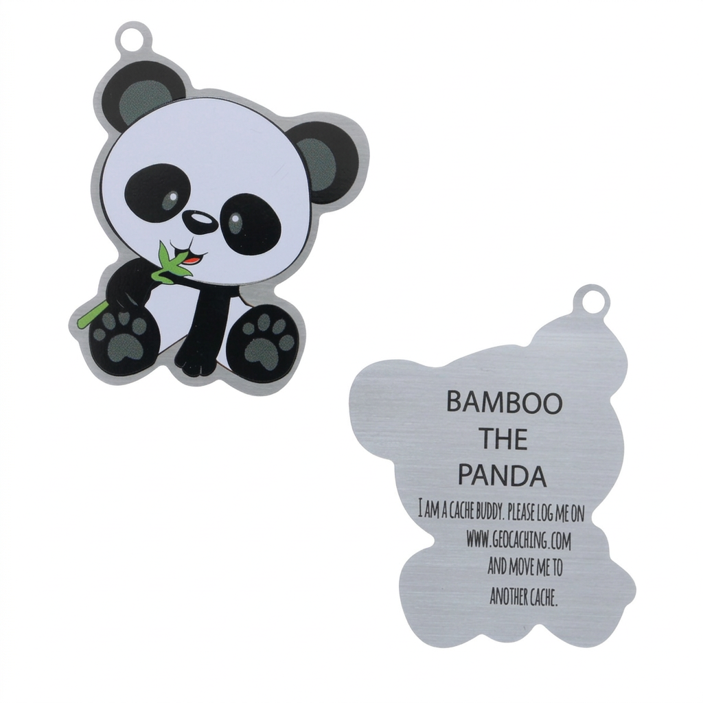 Front and back views of Bamboo the Panda aluminium Cache Buddies travel tag on white
