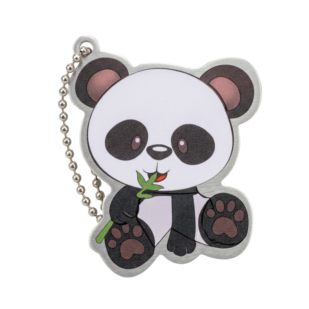 Bamboo the Panda travel tag eating green bamboo, with attachment chain on a white background