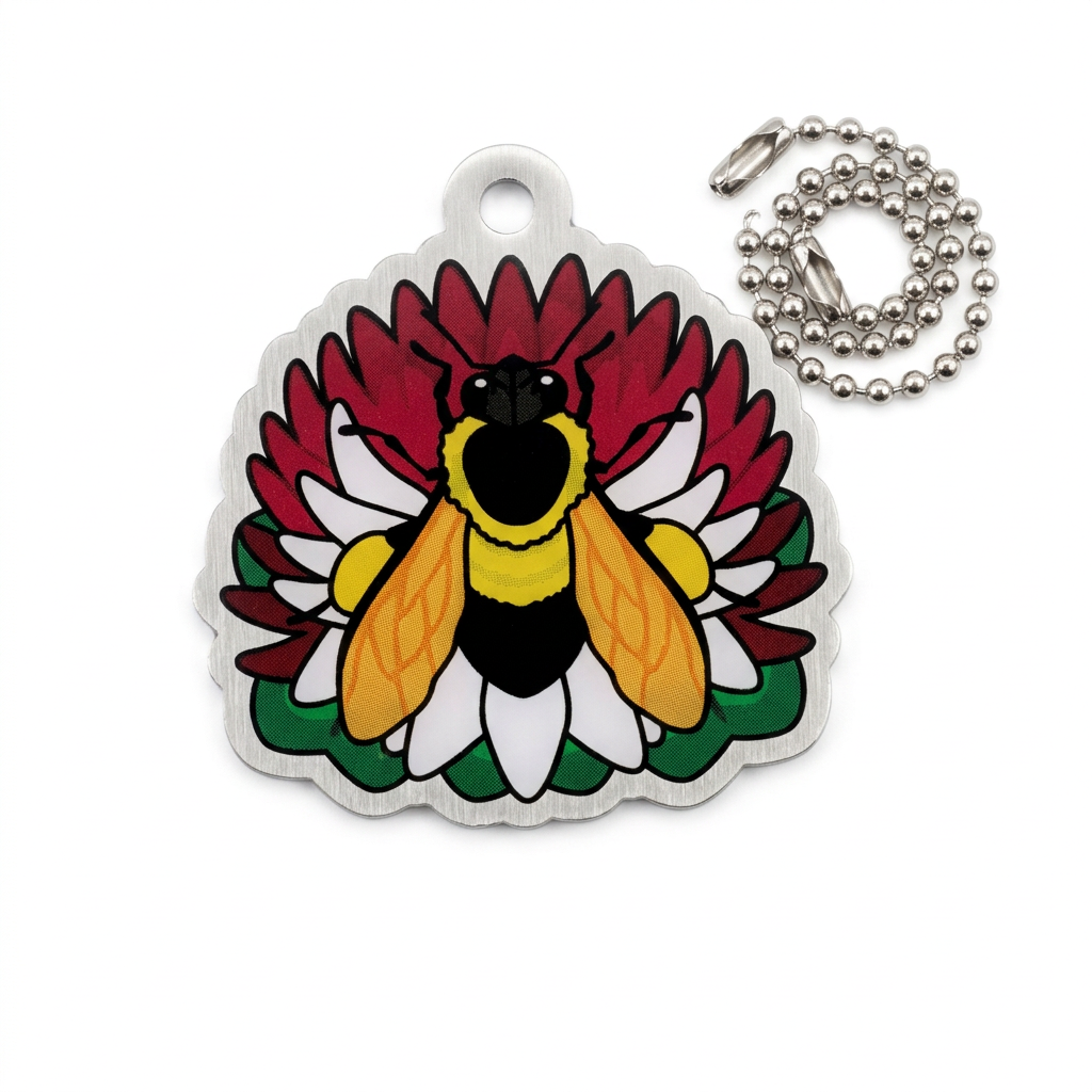 CITO Bee trackable tag with a yellow and black bee, white flower petals and deep red background, with ball chain on white