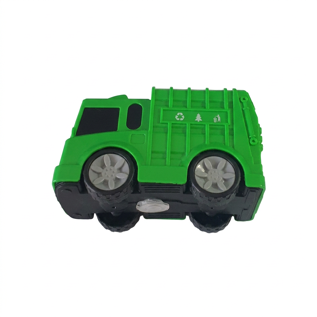 Side and underside of green Recycling truck geocache showing concealed log compartment cap