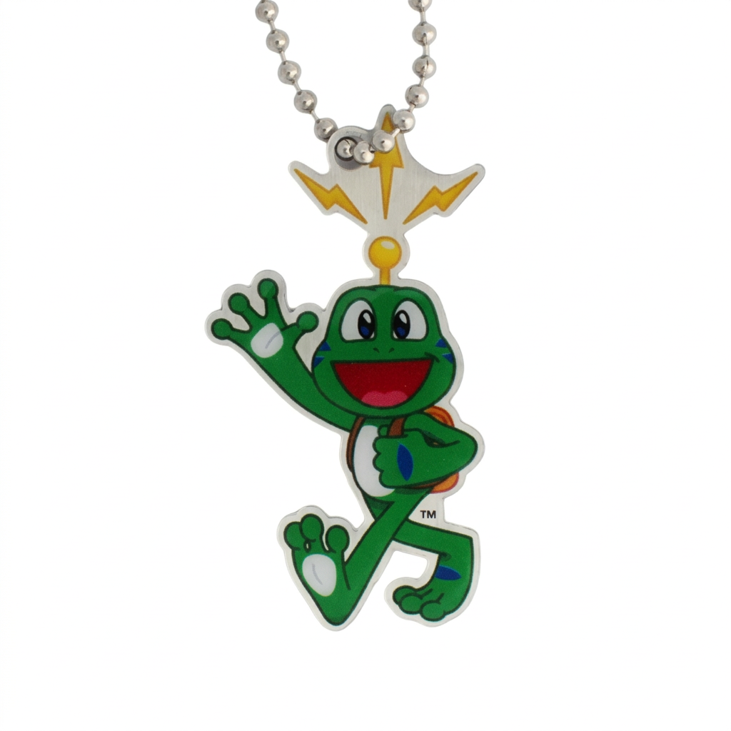 Signal the Frog Hiker travel tag with backpack, antenna and ball chain on a white background