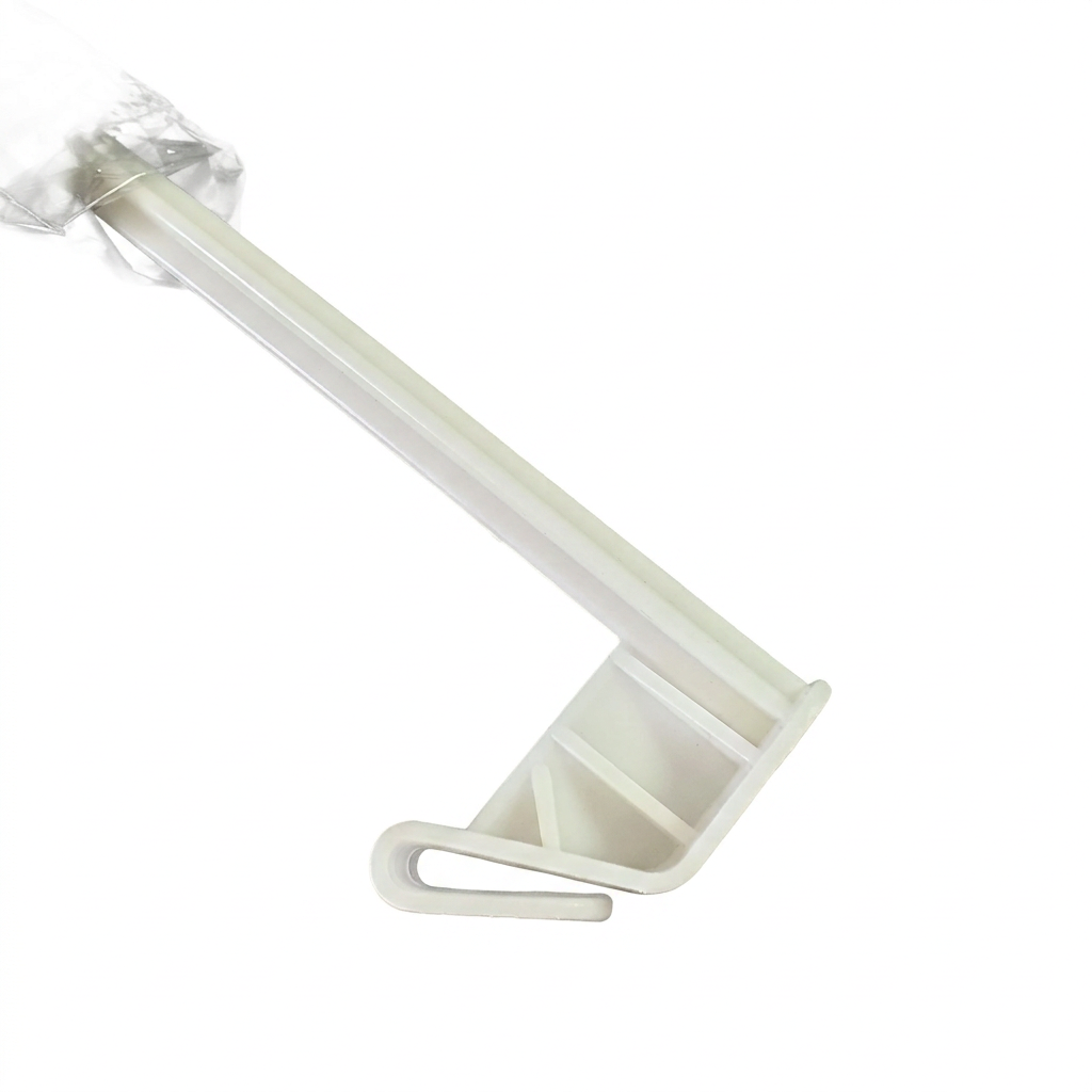 Close-up of the white plastic window hook and ribbed mounting plate on the flag pole