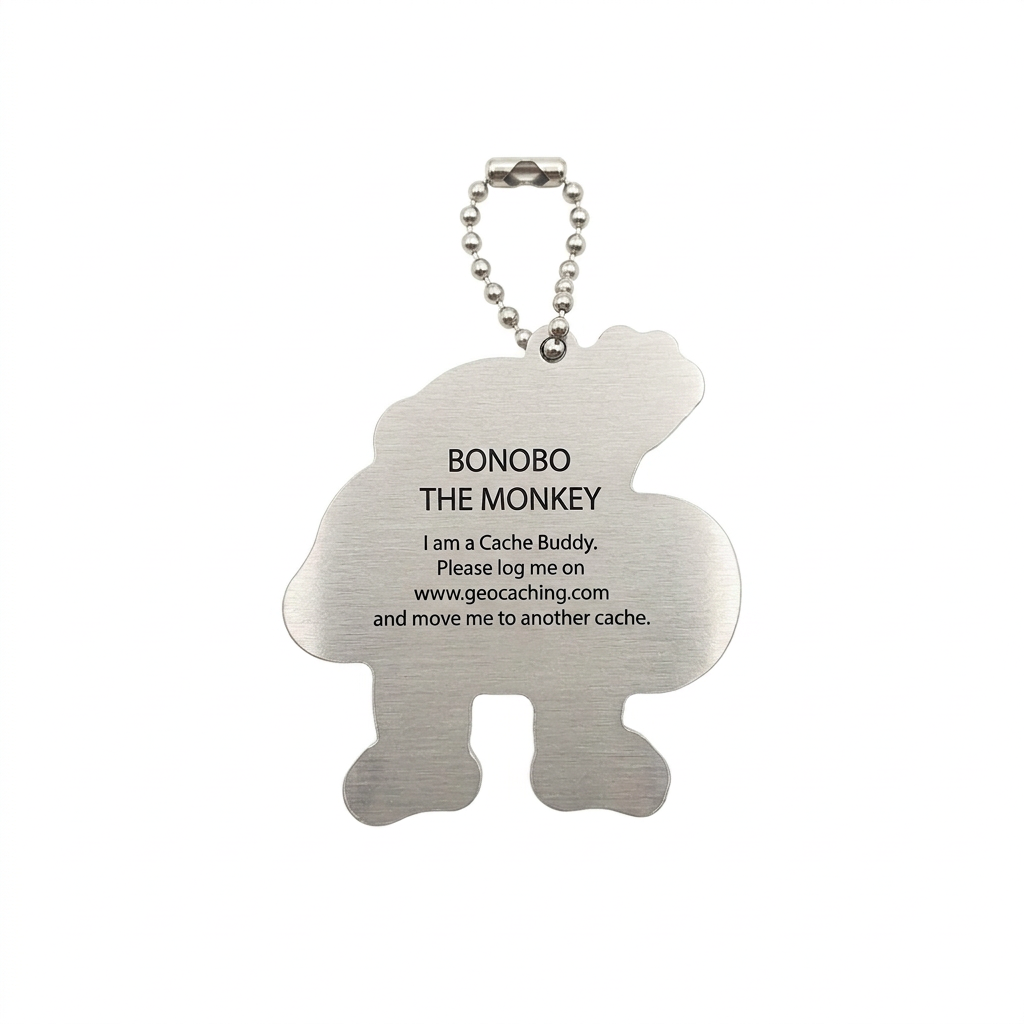 Bonobo the Monkey aluminium travel tag reverse with logging instructions and tracking code removed