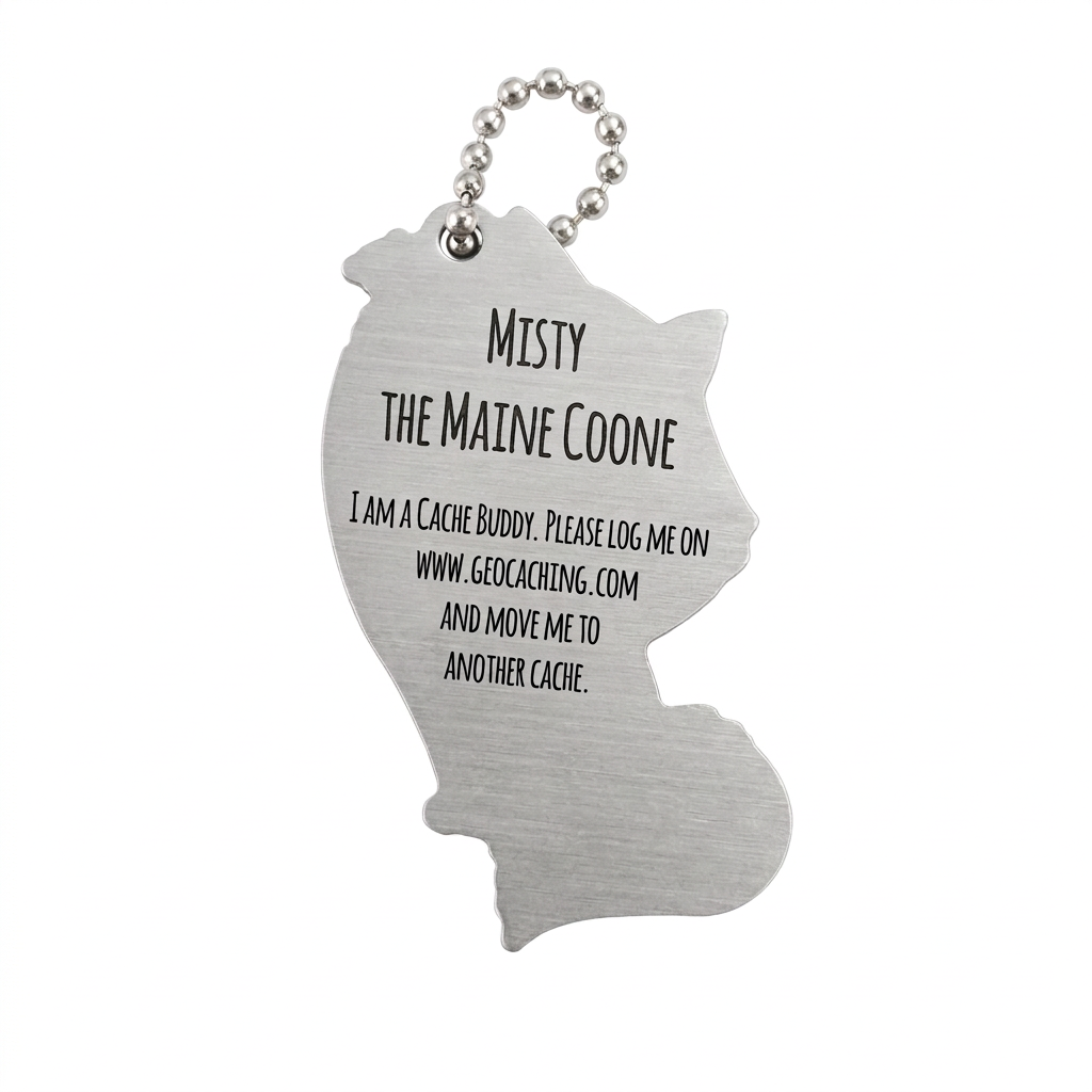 Misty the Maine Coone Cat aluminium travel tag reverse with logging instructions and unique tracking code removed