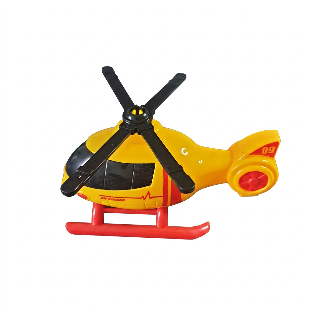 Yellow Air Rescue helicopter geocache with black rotor blades and red landing skids