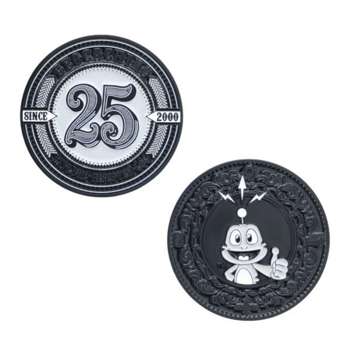 Front and reverse views of the Geocaching Since 2000 Geocoin showing the number 25 and Signal the Frog