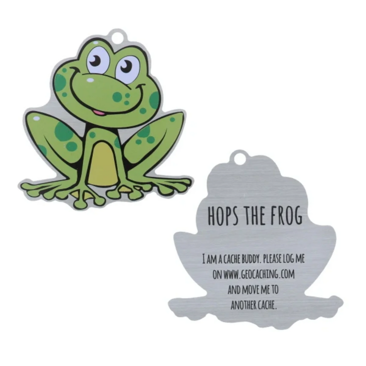 Front and reverse of Hops the Frog Cache Buddy travel tag, showing a smiling spotted green frog and logging instructions