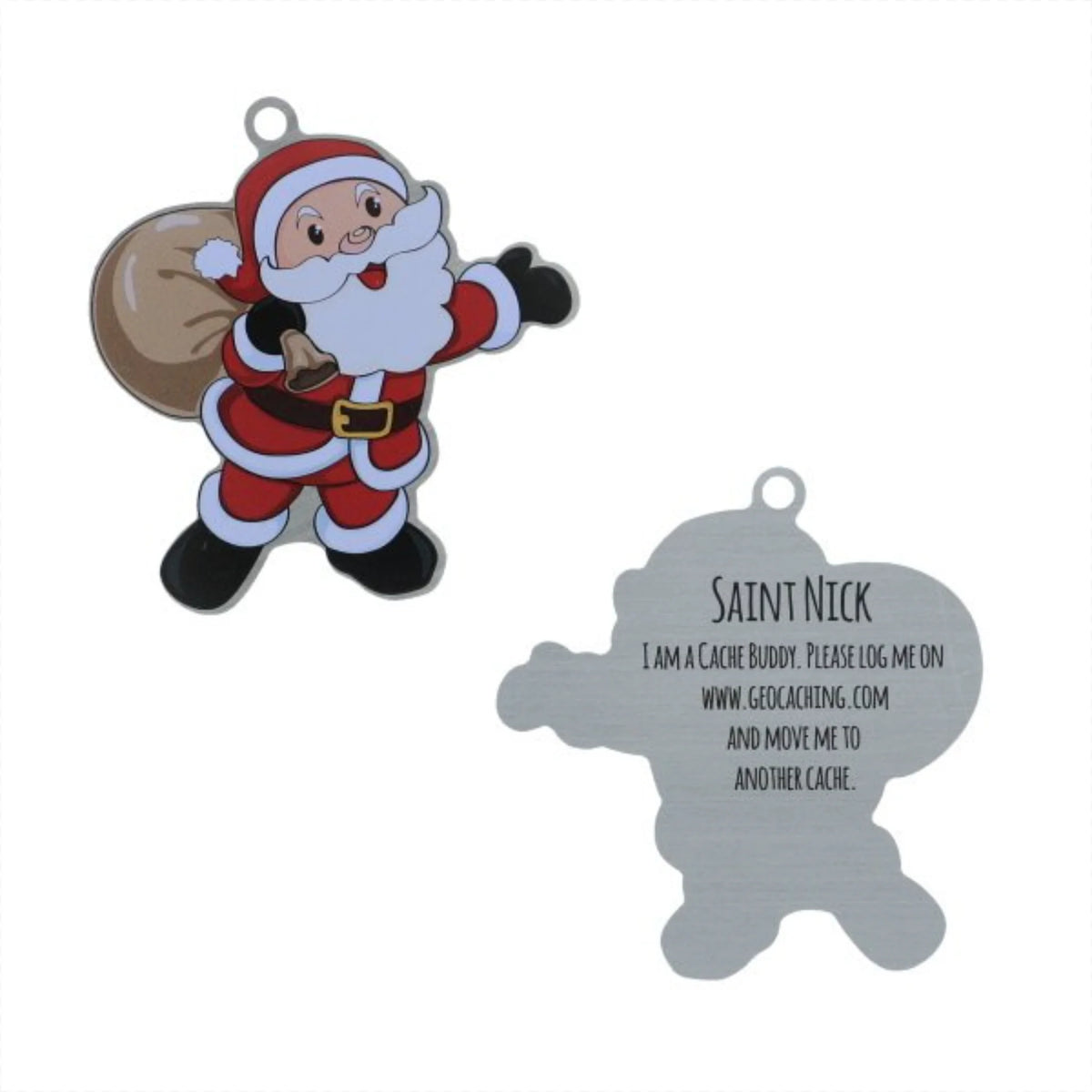 A Christmas-themed geocache ornament set featuring a Santa Claus figure carrying a sack on the left, and a silver gingerbread man-shaped tag with printed text on the right, both on a plain white background.