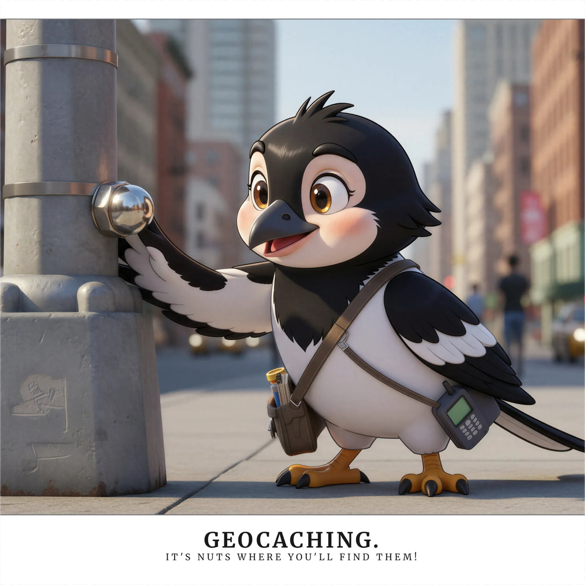 A stylized cartoon pikeback geocache character with black and white feathers stands on a city sidewalk, touching a metal pole with a small device attached. The background is a blurred urban street scene, and text at the bottom reads “GEOCACHING.