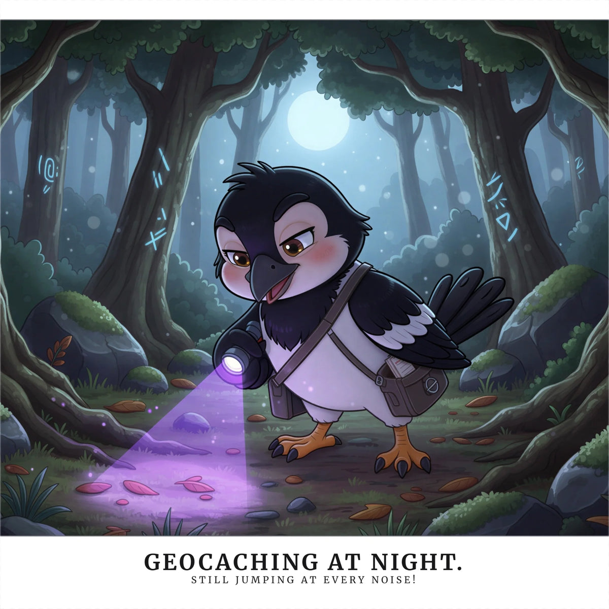 A stylized cartoon penguin in a forest at night holding a flashlight that casts a purple beam. The penguin wears a brown backpack and belt.