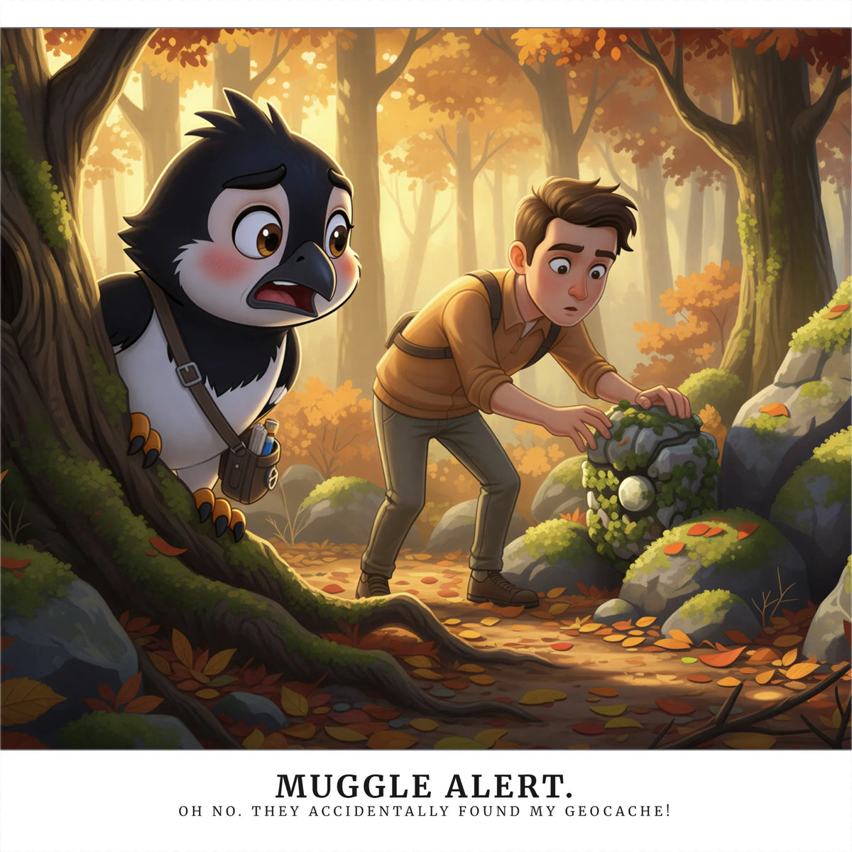 A stylized illustrated scene shows a black-and-white bird wearing a geocache bag beside a man in a forest clearing with autumn trees and fallen leaves. Text at the bottom reads, 'MUGGLE ALERT.