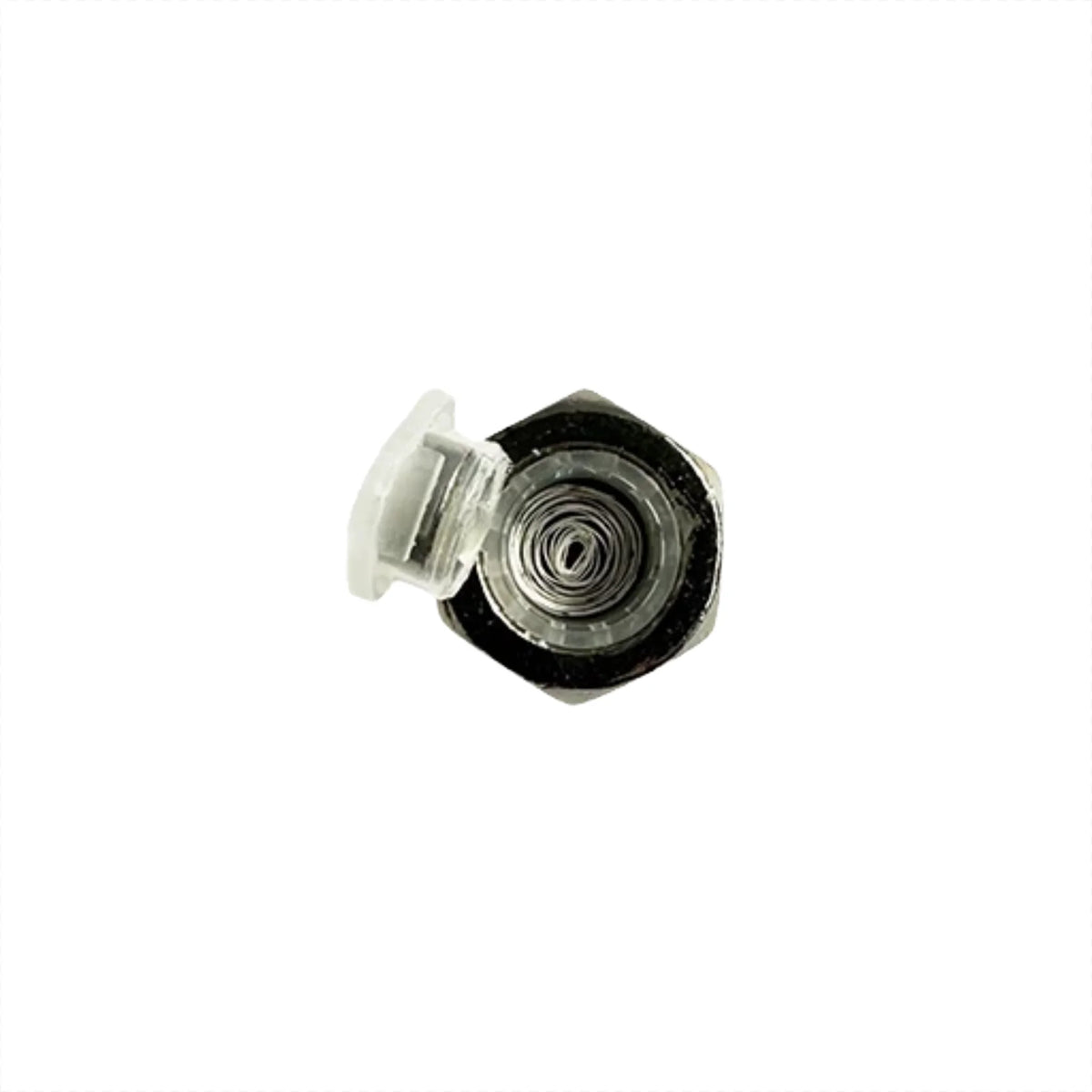 A small black hexagonal metal component with a clear plastic tab attached, shown on a plain white background.