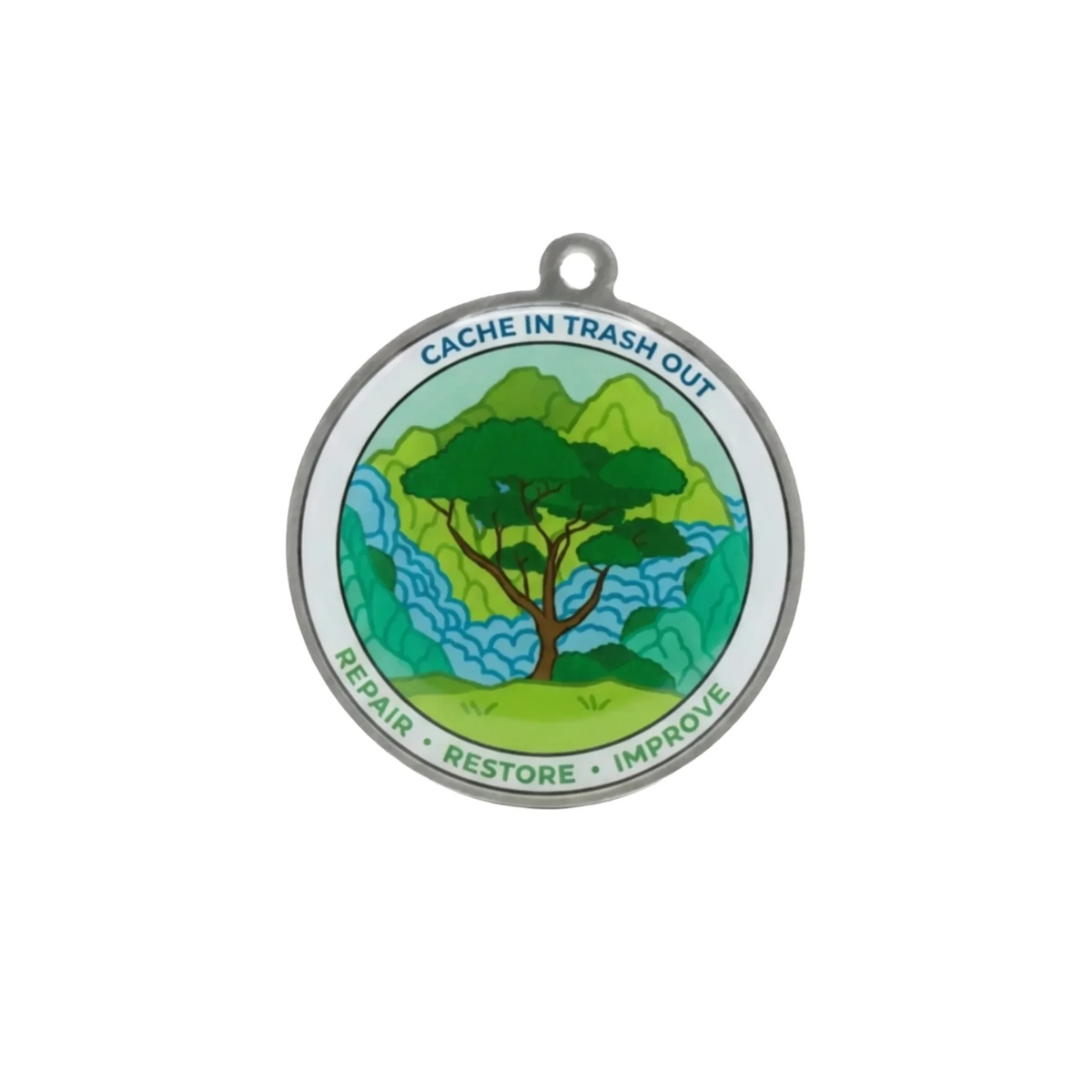 Front of CITO trackable tag with colourful tree artwork on a white background