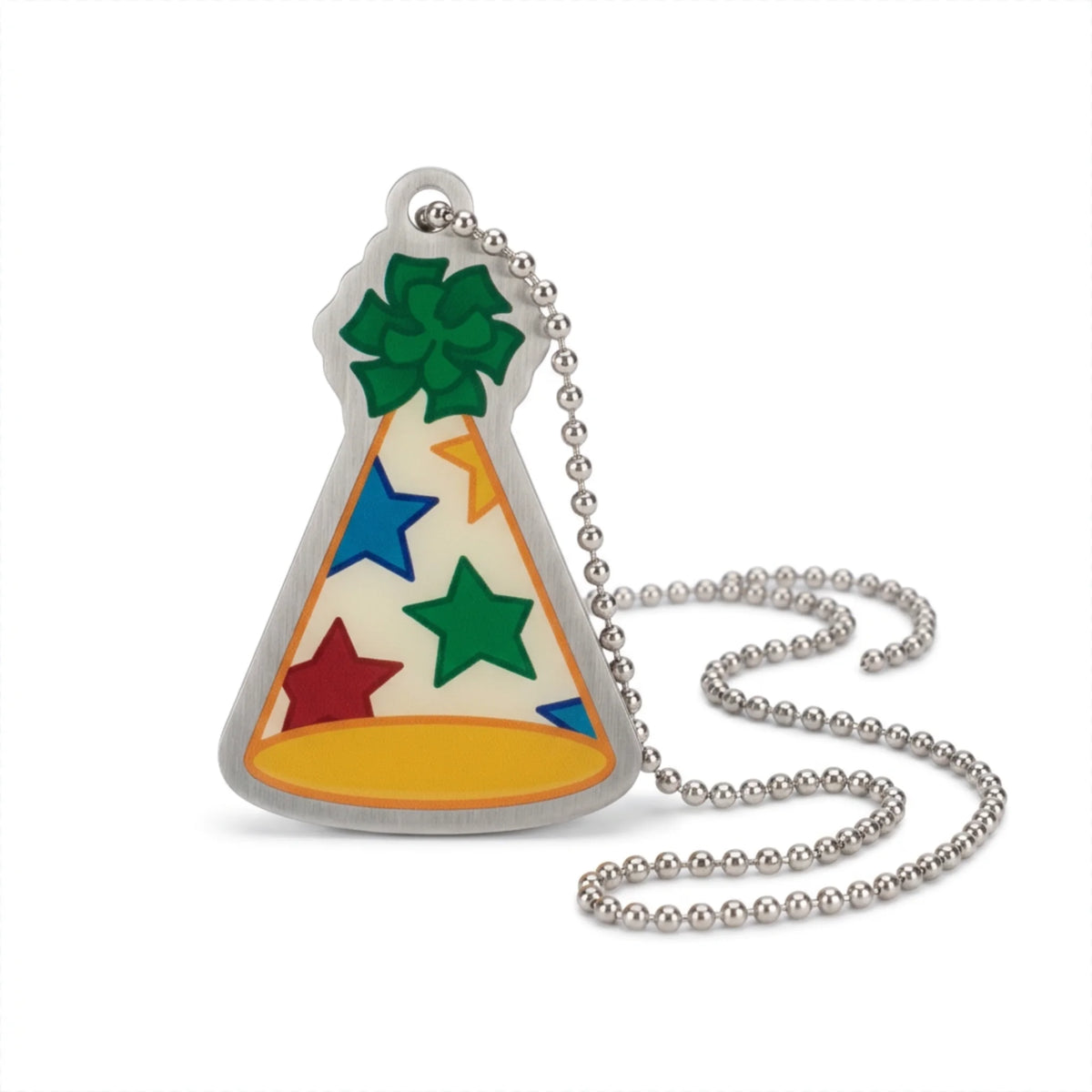 Community Block Party Hat Trackable with colourful stars, green bow, yellow brim and silver ball chain on white