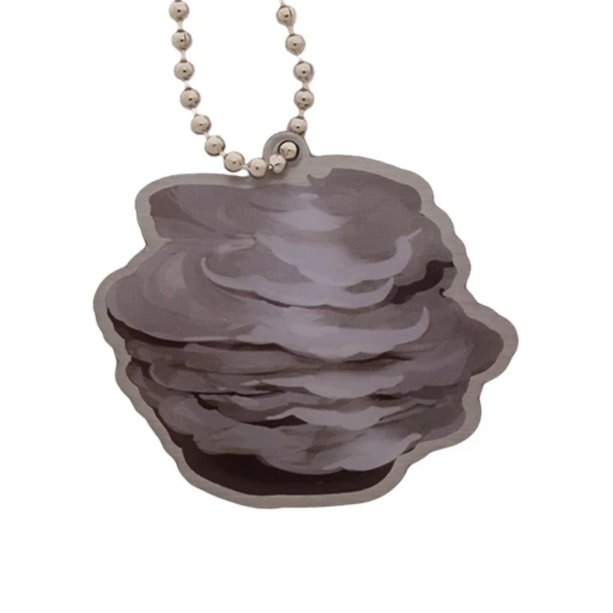 Mica EarthCache mineral travel tag with a layered grey mineral design and silver ball chain on a white background