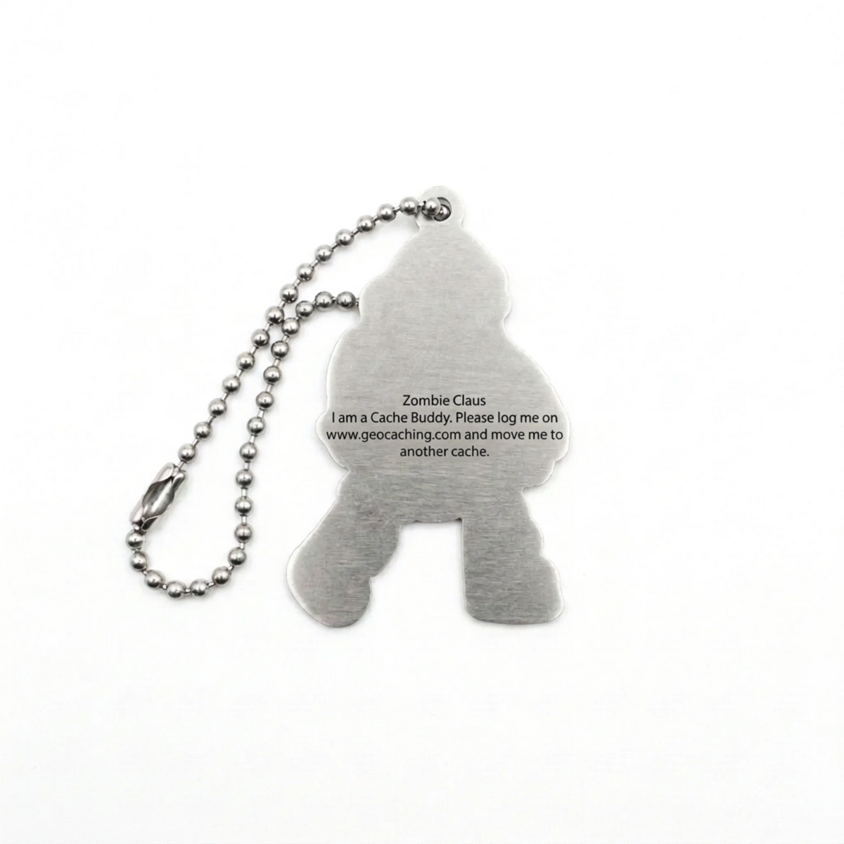 Zombie Claus Cache Buddy travel tag rear with upright logging instructions, short ball chain and unique tracking code hidden