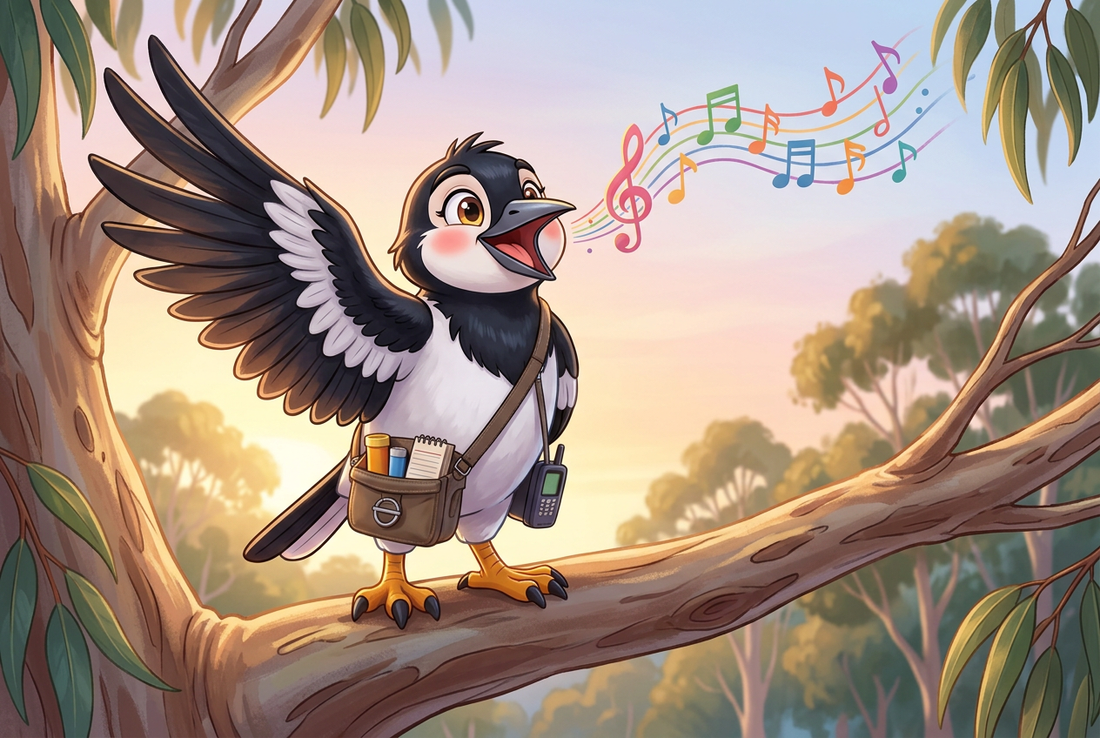Illustration of CachePie the magpie singing in a gum tree at sunrise