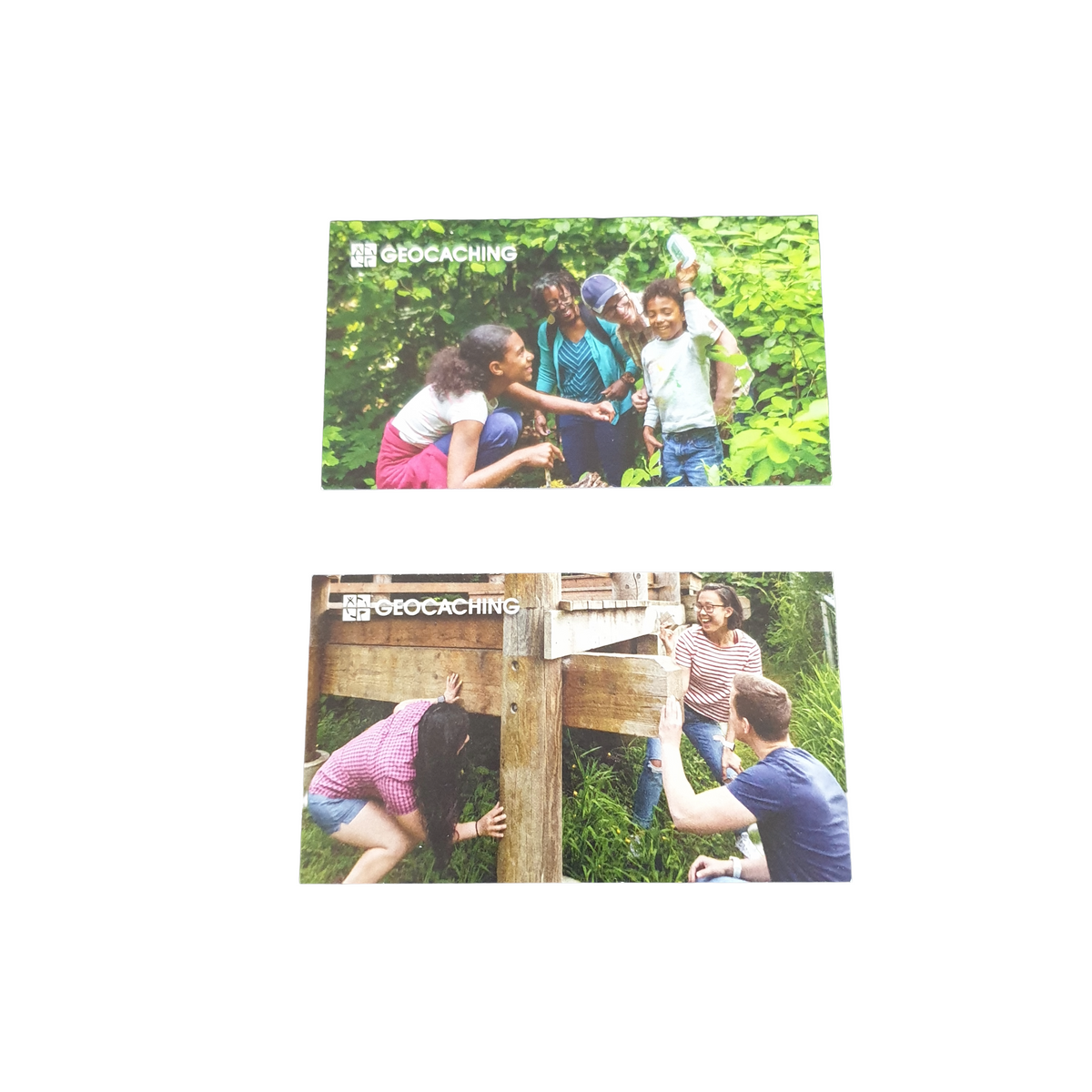 Example Muggle Card picture fronts showing people geocaching; pack of 10, picture designs vary