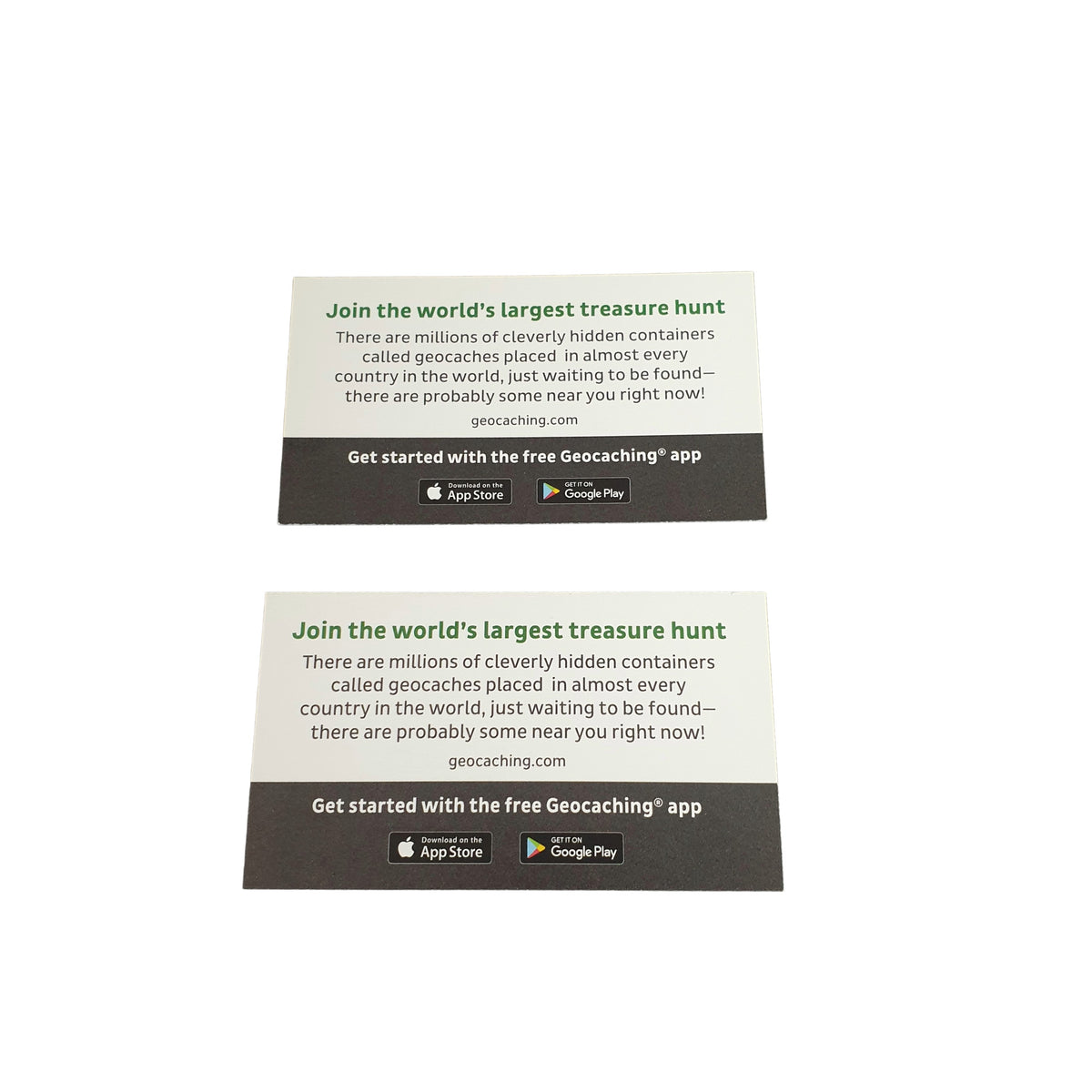 Muggle Card information backs introducing geocaching with geocaching.com and app download details