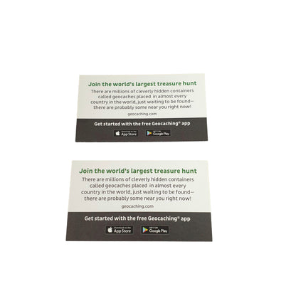 Muggle Card information backs introducing geocaching with geocaching.com and app download details