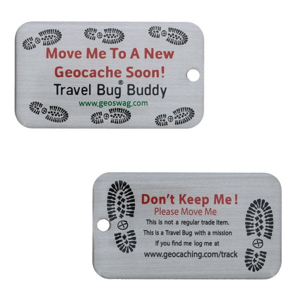 Front and back of Travel Bug Buddy non-trackable aluminium reminder tag with bootprints and logging instructions