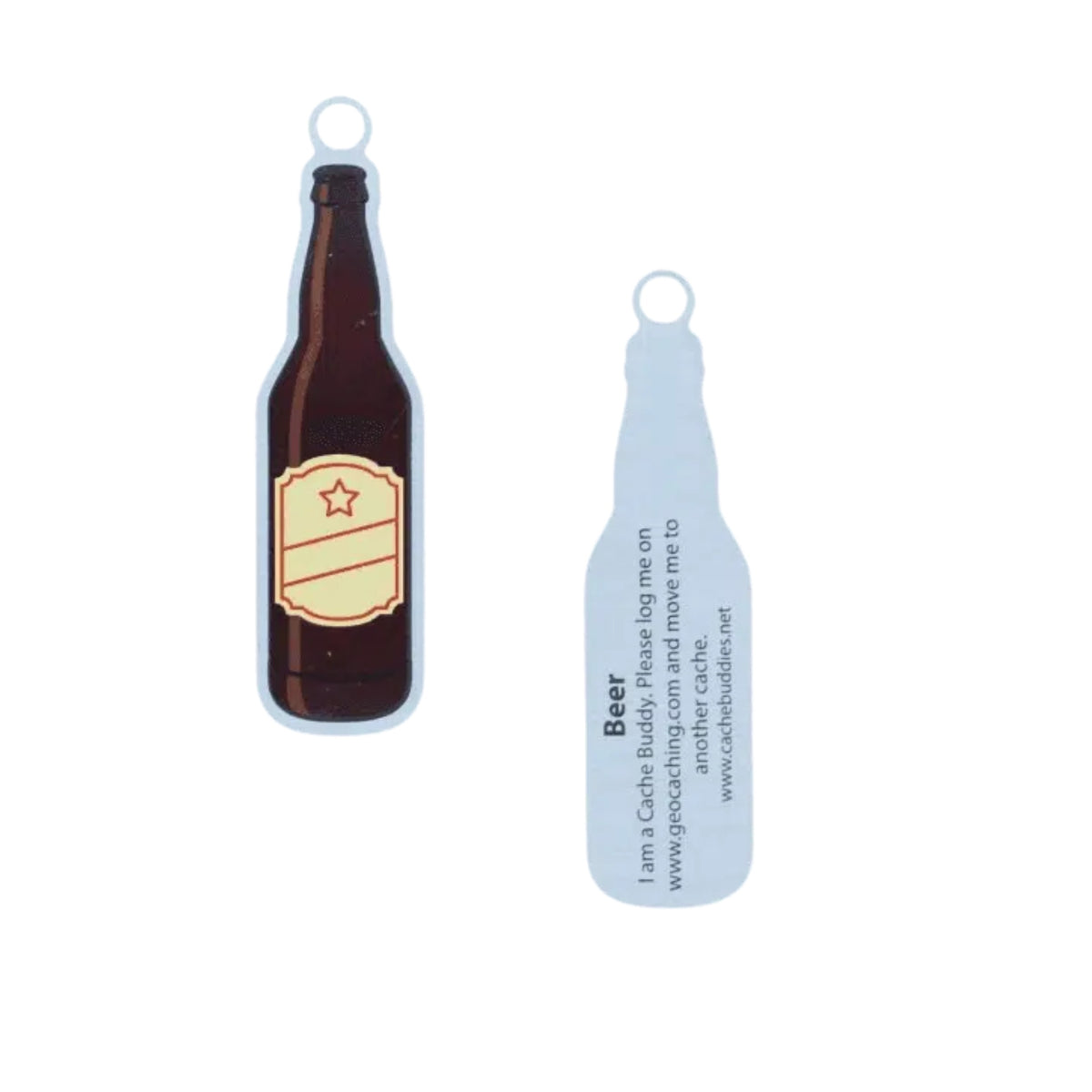 Front and reverse of the Oakcoins Beer Cache Buddy trackable, showing a brown beer-bottle design and reverse-side logging message