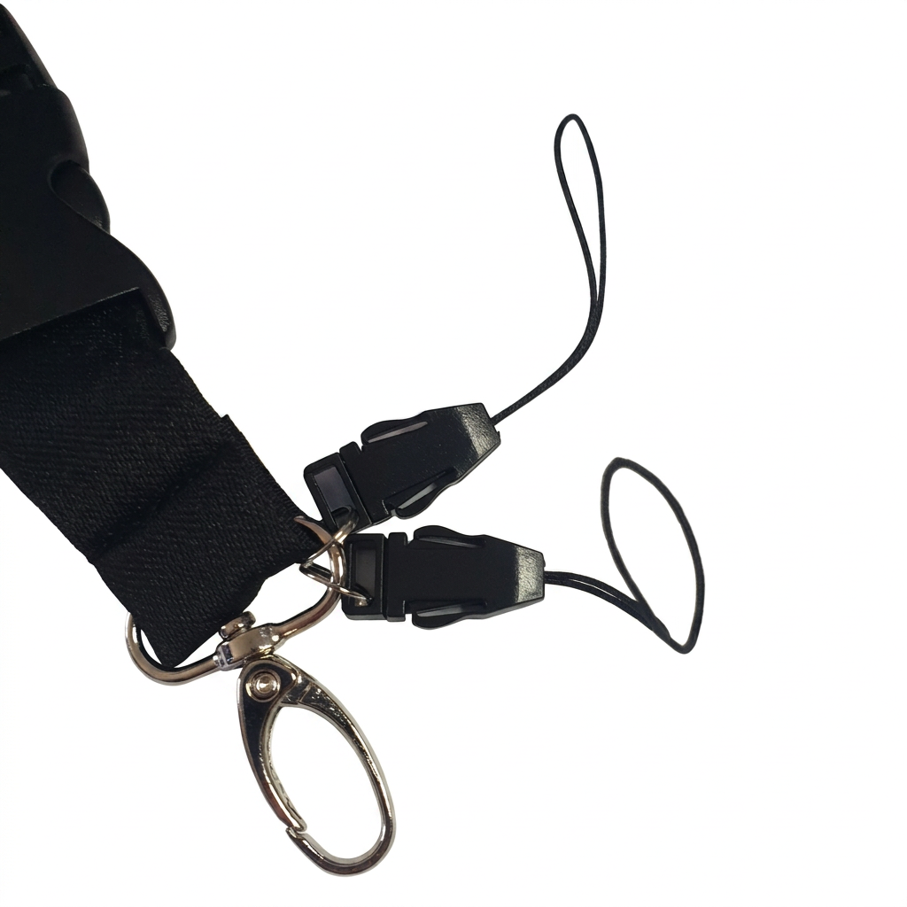 Close-up of lanyard silver lobster claw and two black connector clips with cord loops