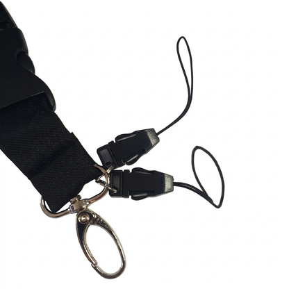 Close-up of lanyard silver lobster claw and two black connector clips with cord loops
