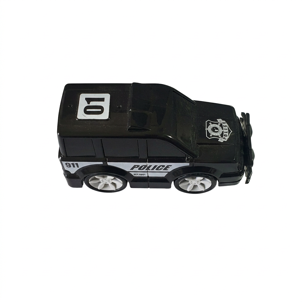 Police vehicle geocache hide with black body and white police markings, exclusive to Just Geocaching