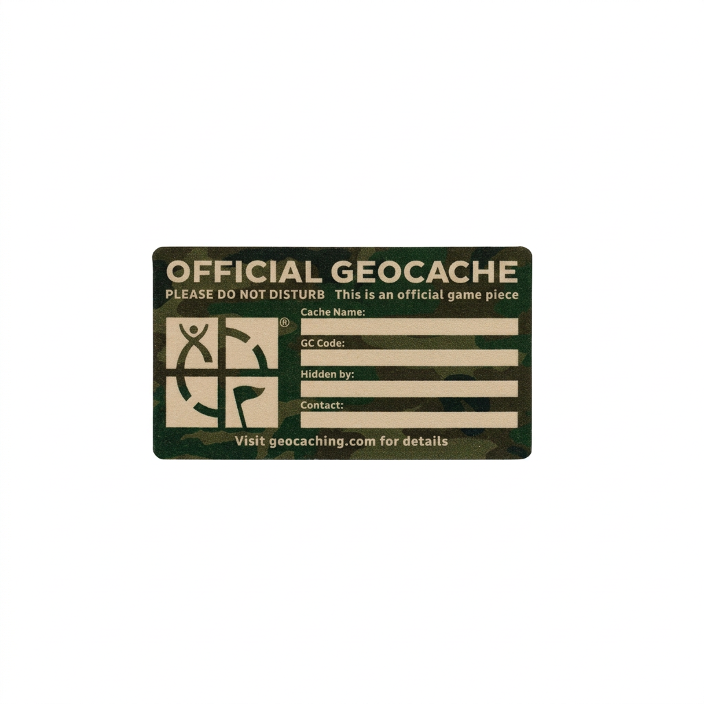 Small Cache Label – Green Camo | Just Geocaching