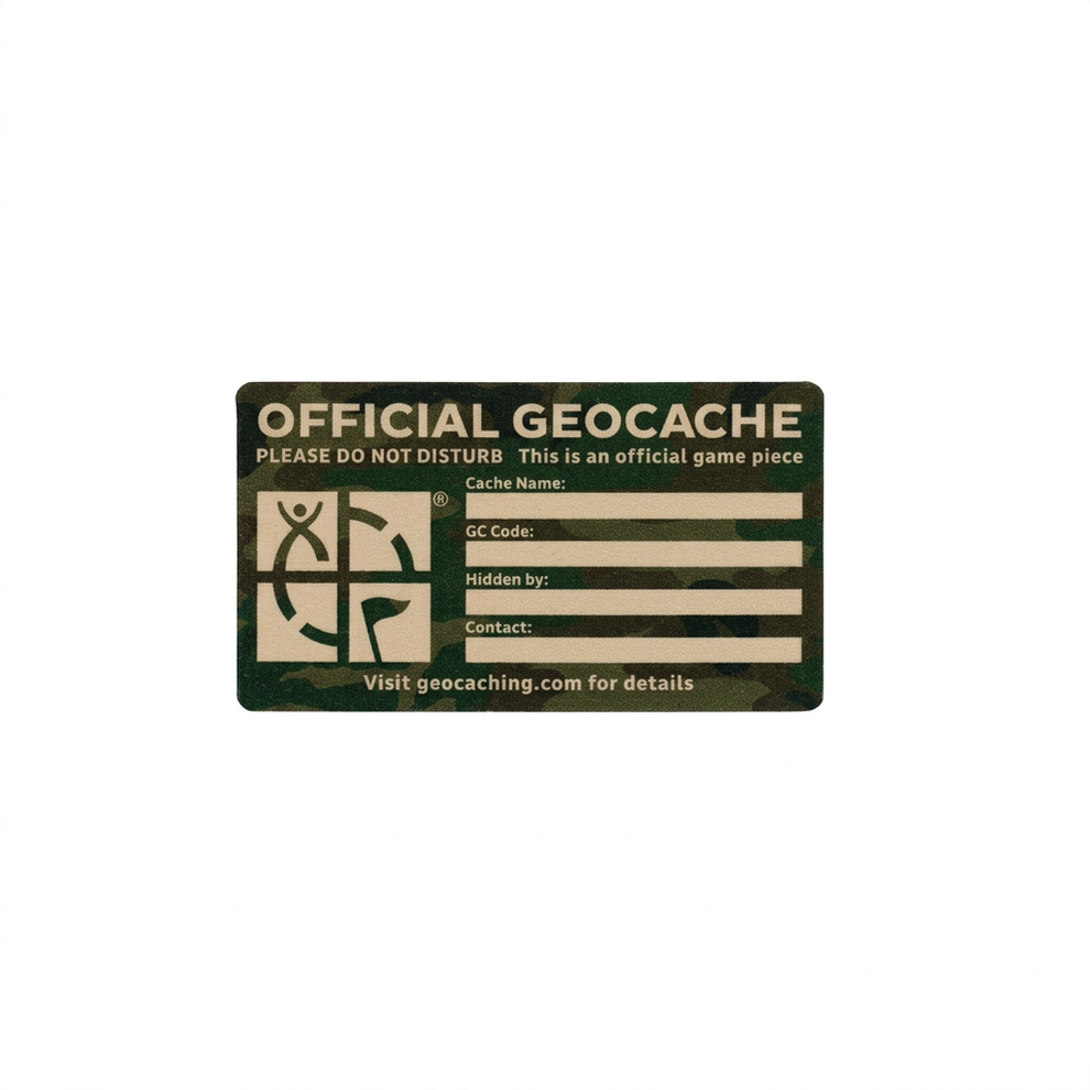 Small Cache Label – Green Camo | Just Geocaching