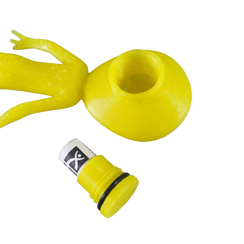 Small yellow alien open head compartment, screw plug, black O-ring and rolled log; digitally recoloured