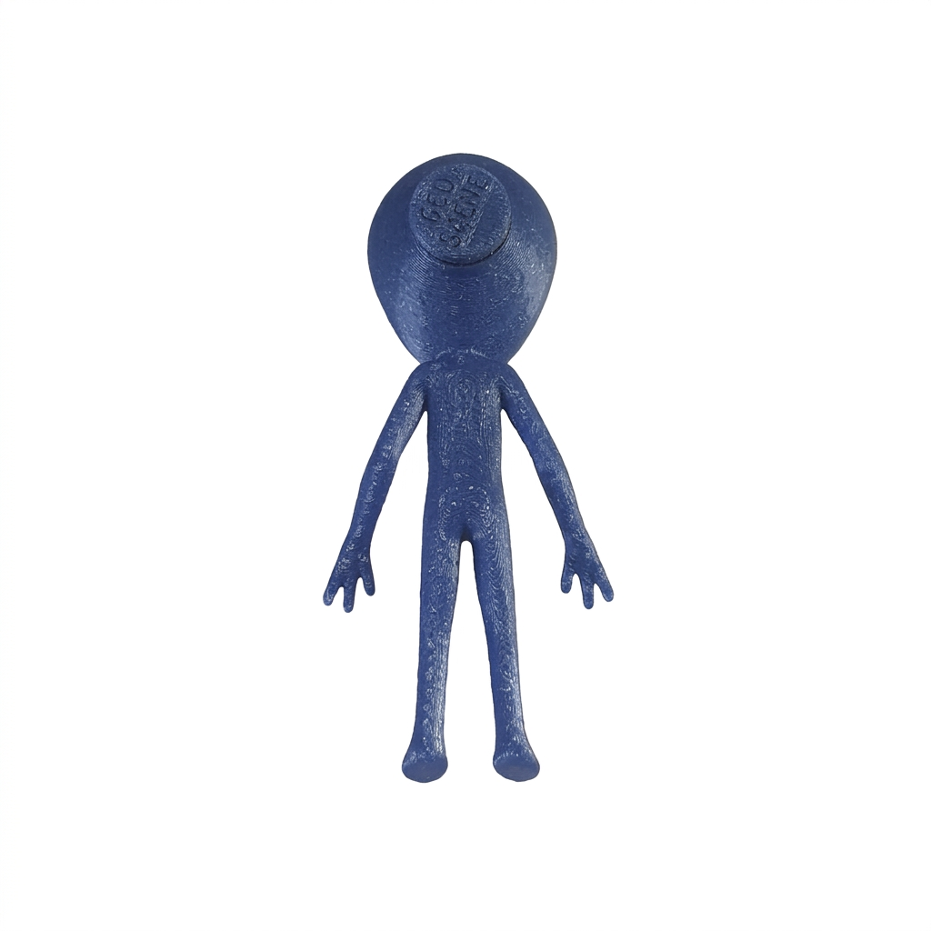 Rear view of the blue alien showing the closed plug in the back of its head