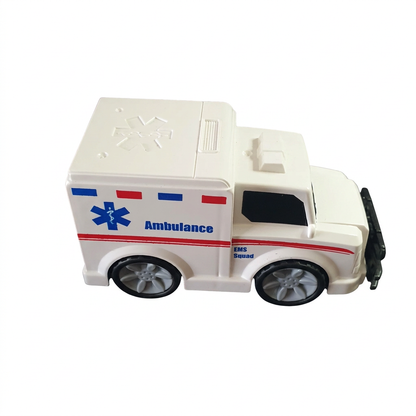 White Ambulance geocache hide with red stripes and blue markings, exclusive to Just Geocaching