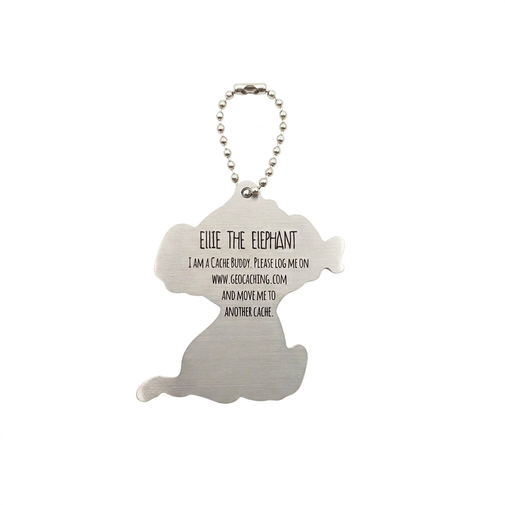Ellie the Elephant aluminium travel tag back with logging instructions and unique tracking code removed