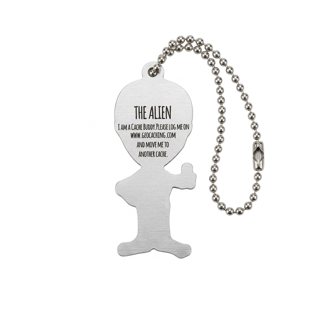 Back of Helium the Alien aluminium travel tag with logging instructions and unique tracking code removed