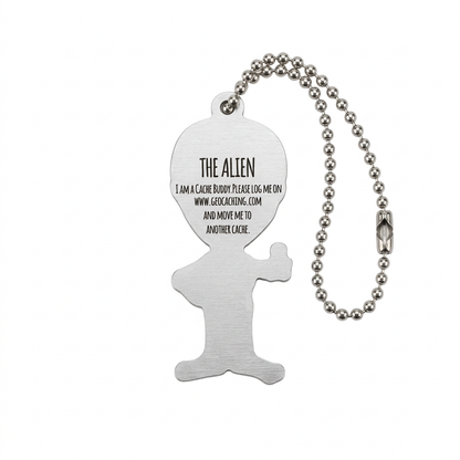Back of Helium the Alien aluminium travel tag with logging instructions and unique tracking code removed