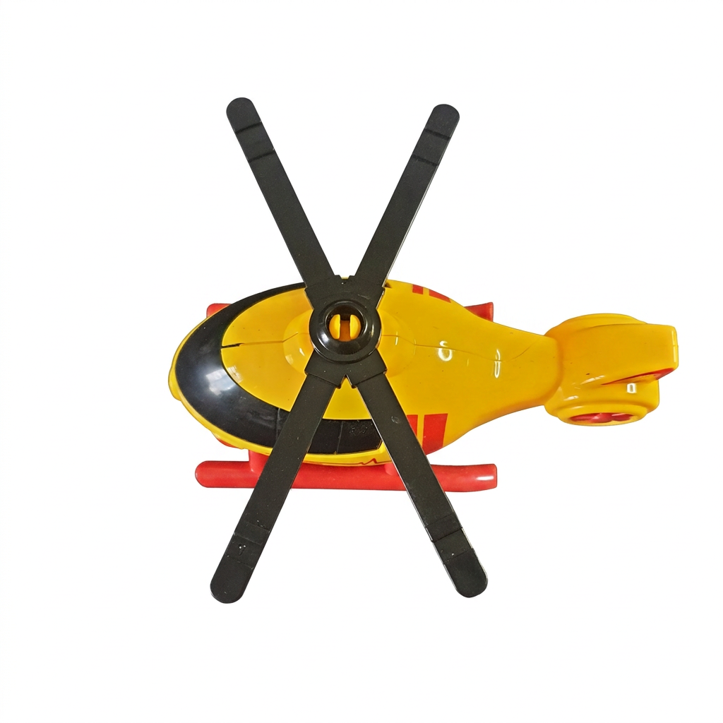 Top view of yellow rescue helicopter showing all four black rotor blades