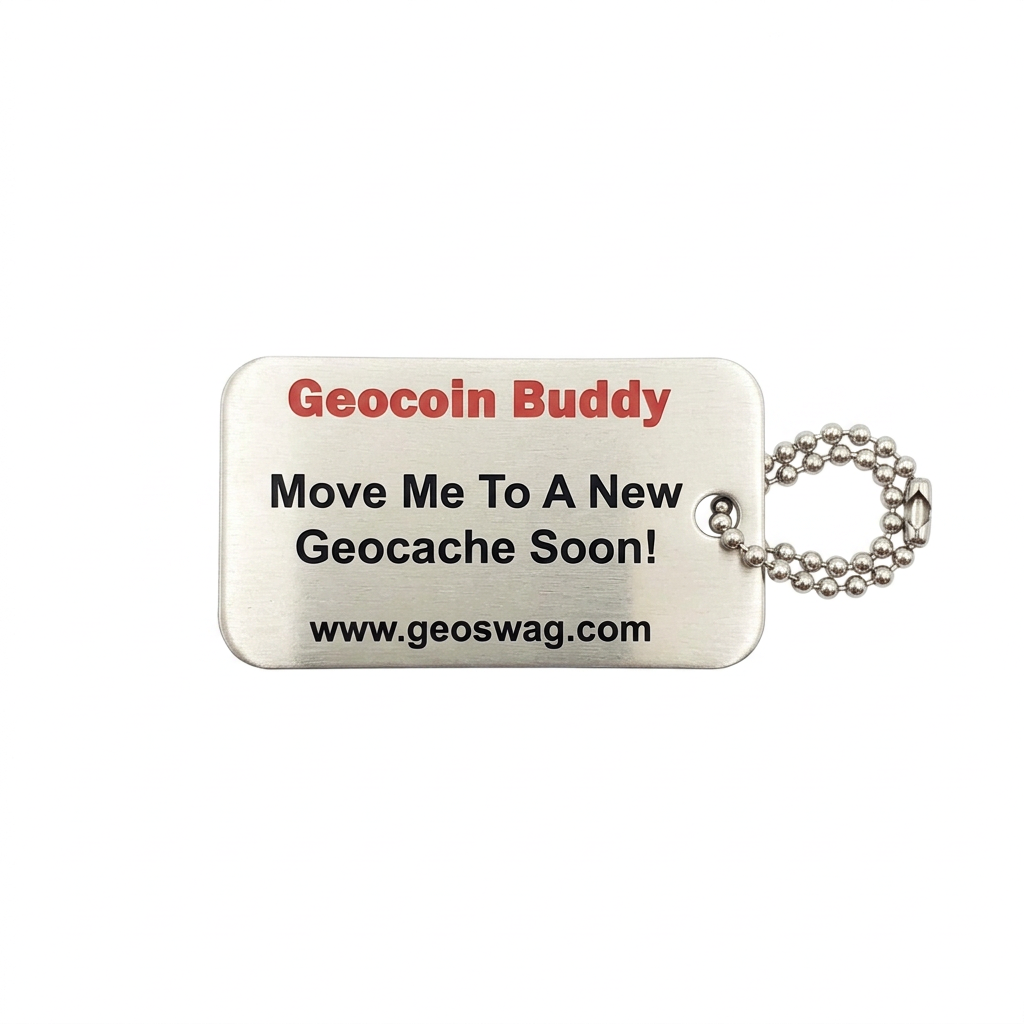 Geocoin Buddy title side with attachment hole and compact silver chain correctly positioned on the right