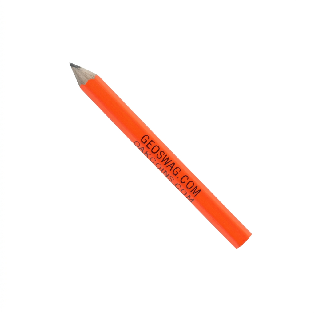 Single orange pre-sharpened wooden geocaching pencil showing the printed branding on a white background