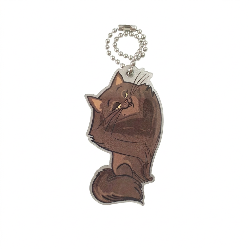 Misty the Maine Coone brown long-haired cat travel tag with fluffy tail and compact silver chain on white
