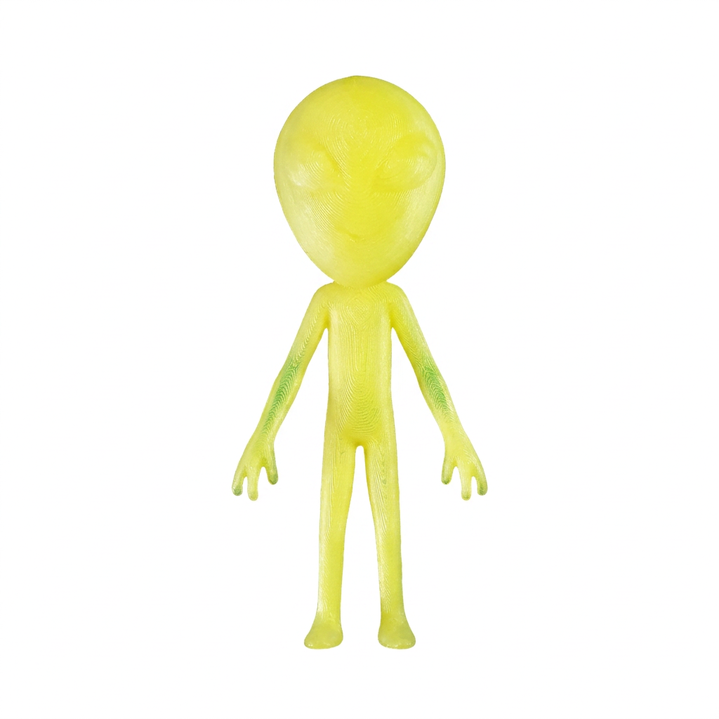 Small yellow 3D printed alien geocache container front view; digitally recoloured