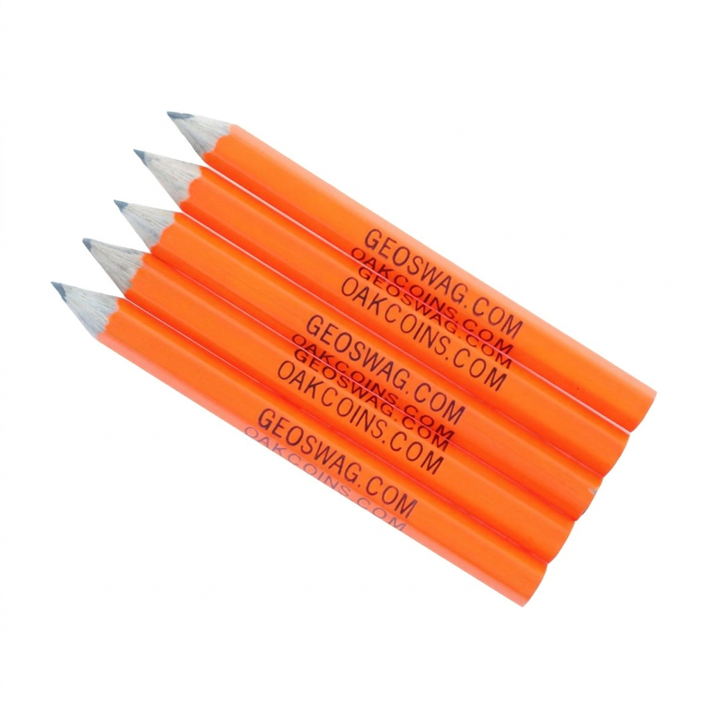 Five pre-sharpened orange wooden geocaching pencils with black printed branding on a white background