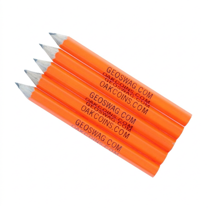 Five pre-sharpened orange wooden geocaching pencils with black printed branding on a white background