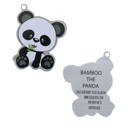 Front and back views of Bamboo the Panda aluminium Cache Buddies travel tag on white