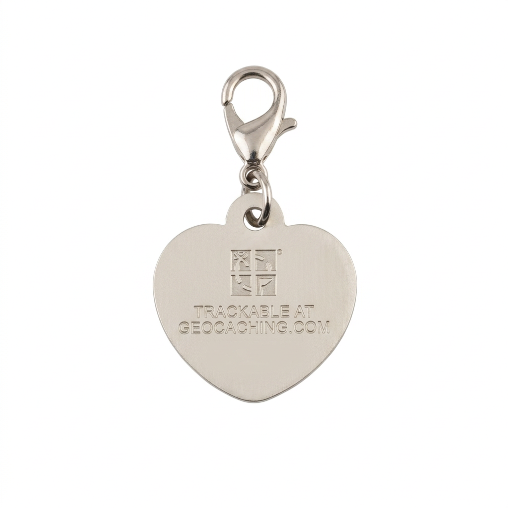 I Love GC heart geocoin metal reverse with clasp and unique tracking code removed